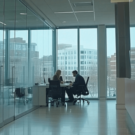 a lawyer and business owner discussing a commercial lease for a modern building