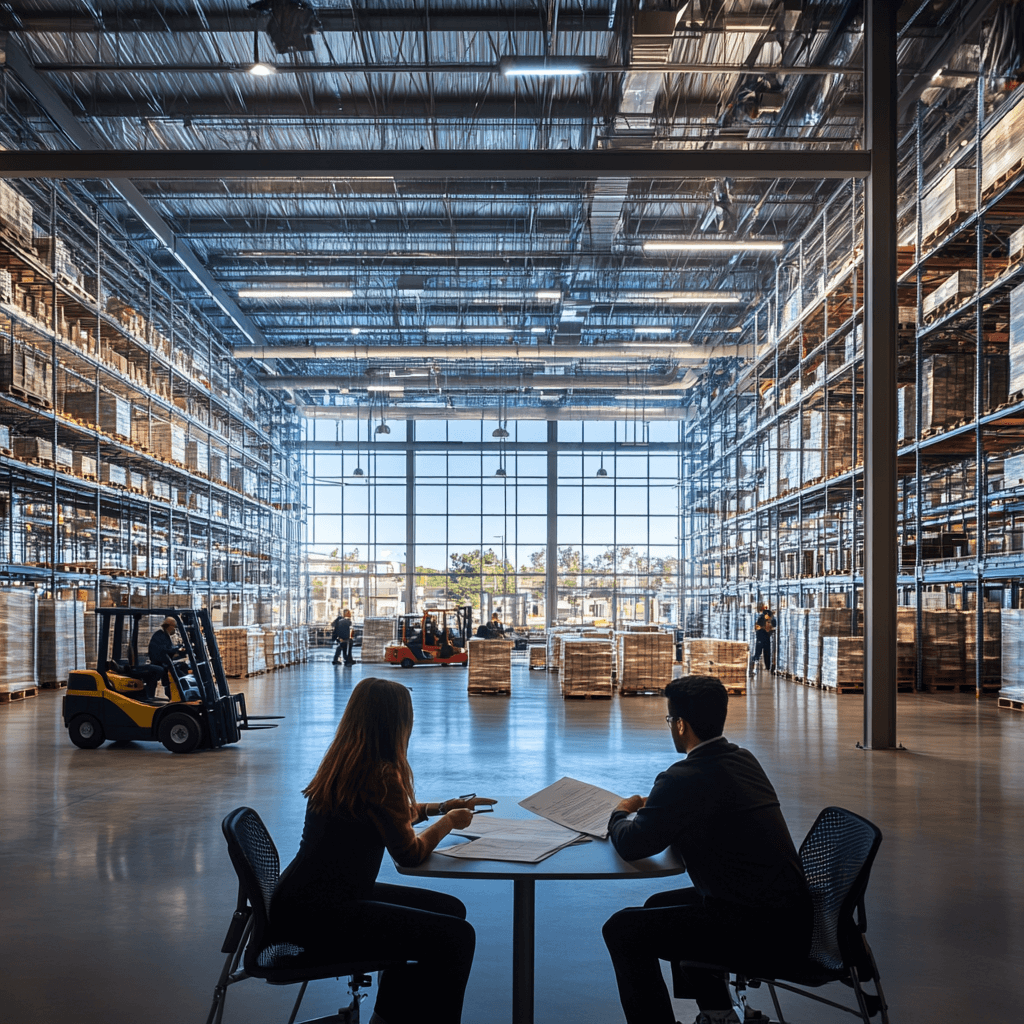 a lawyer and owner of a warehouse reviewing a long and complex commercial lease