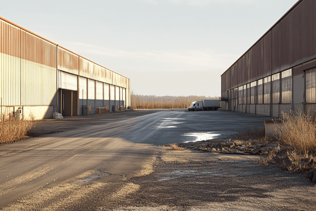 A private road between warehouses highlighting prescriptive easement