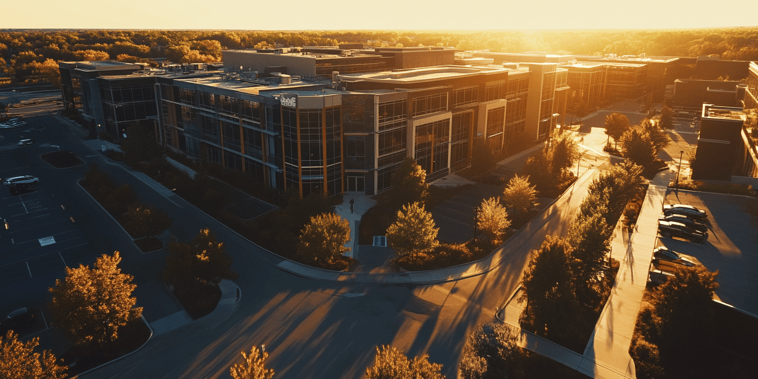 An aerial view of a modern commercial real estate building