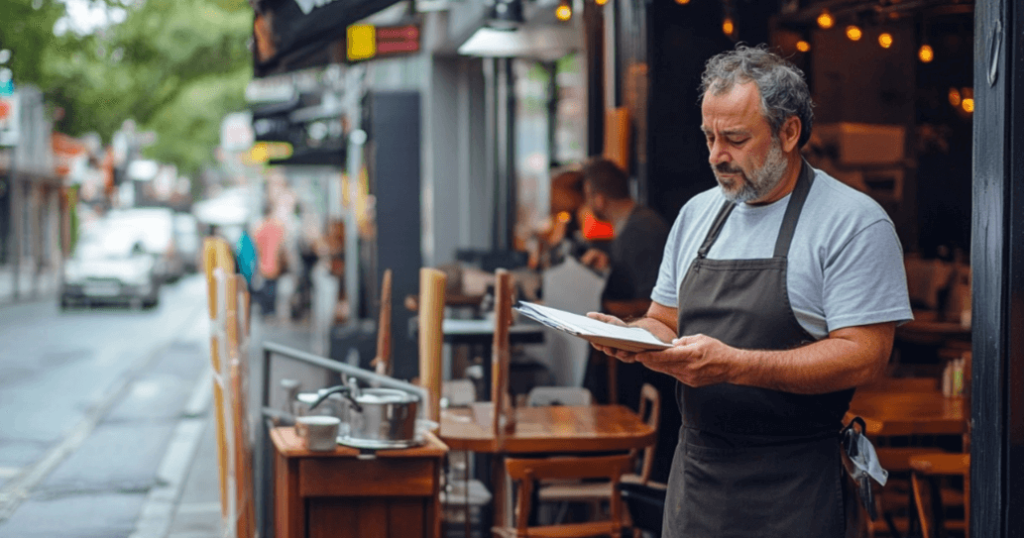 cafe owner standing outside his store looking disappointed