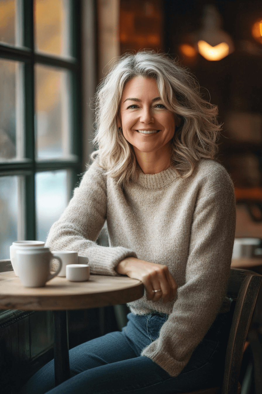 coffee shop owner sitting at a table having coffee