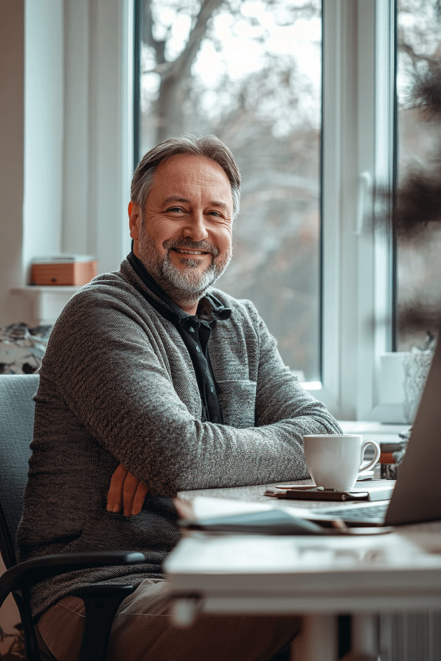 coffee shop owner sitting at a table having coffee