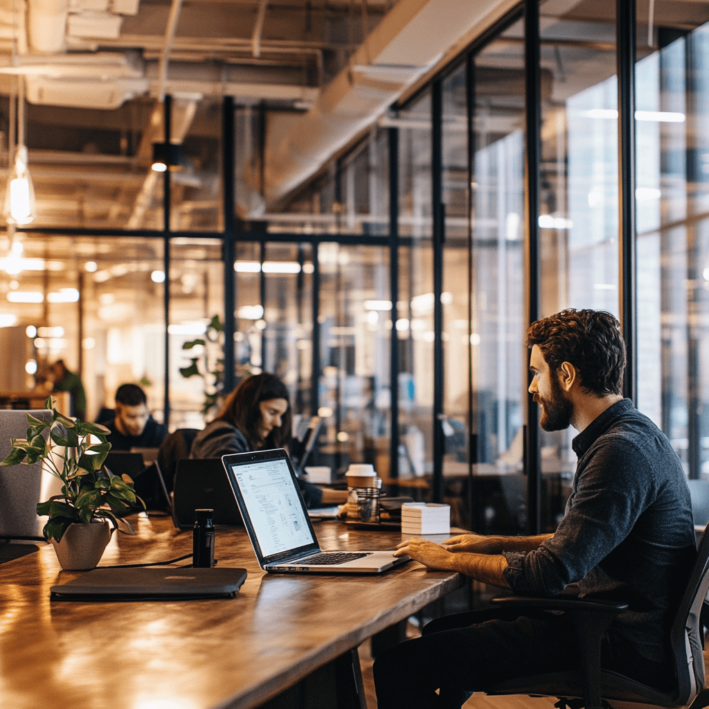 community manager at desk talking to other coworking members